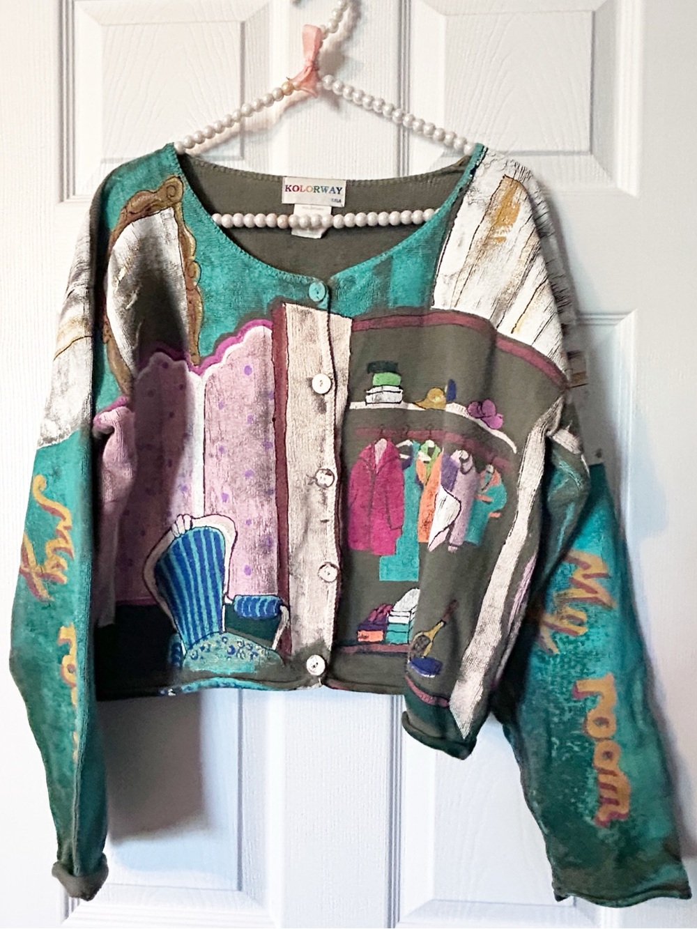Vintage 90s Kolorway”My wardrobe, my room”hand painted button cardigan sweater